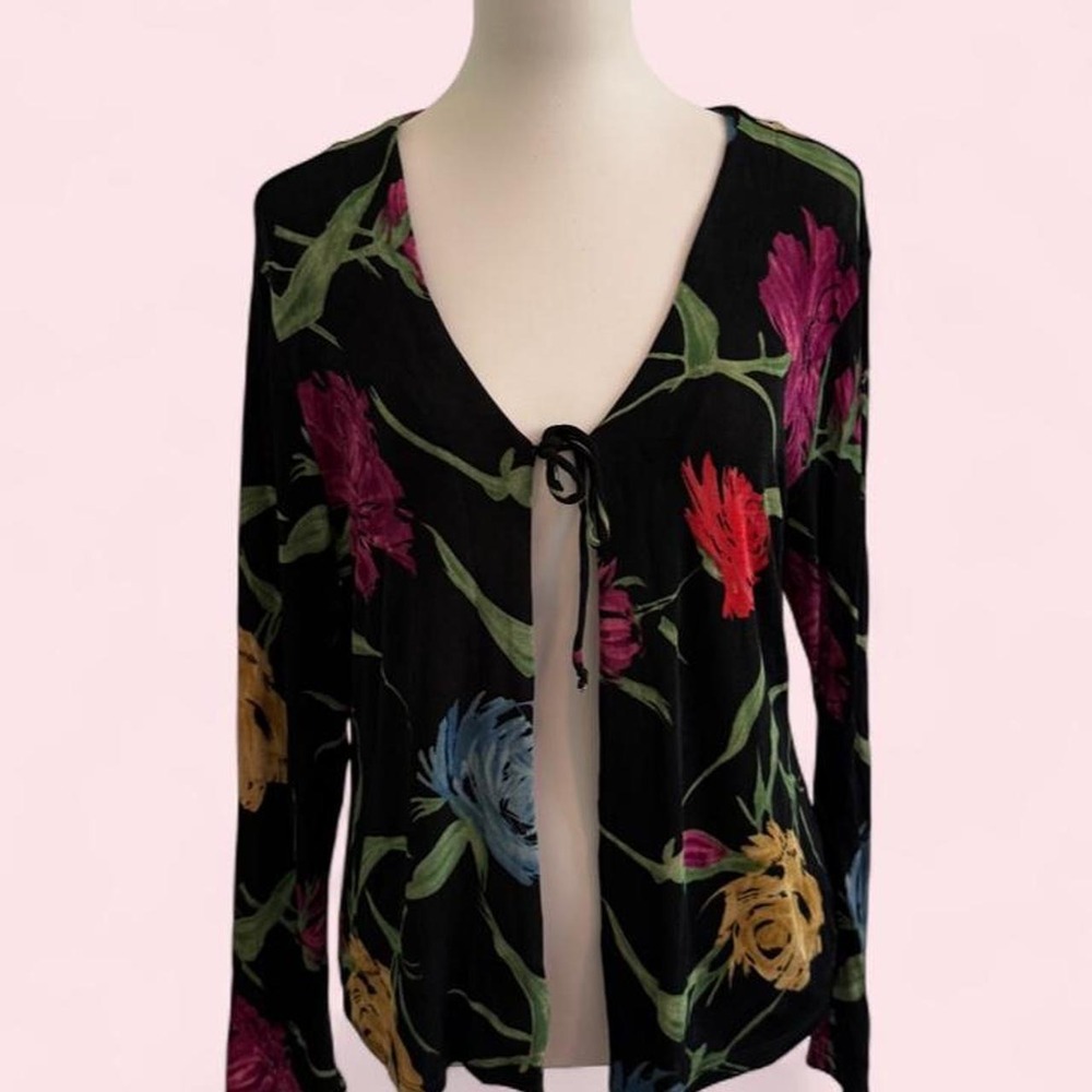Y2K Choices Black Floral Tie-Front Cardigan | Size M/L